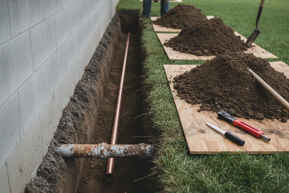 Excavated water line trench during Water Heater Repair in Willamina